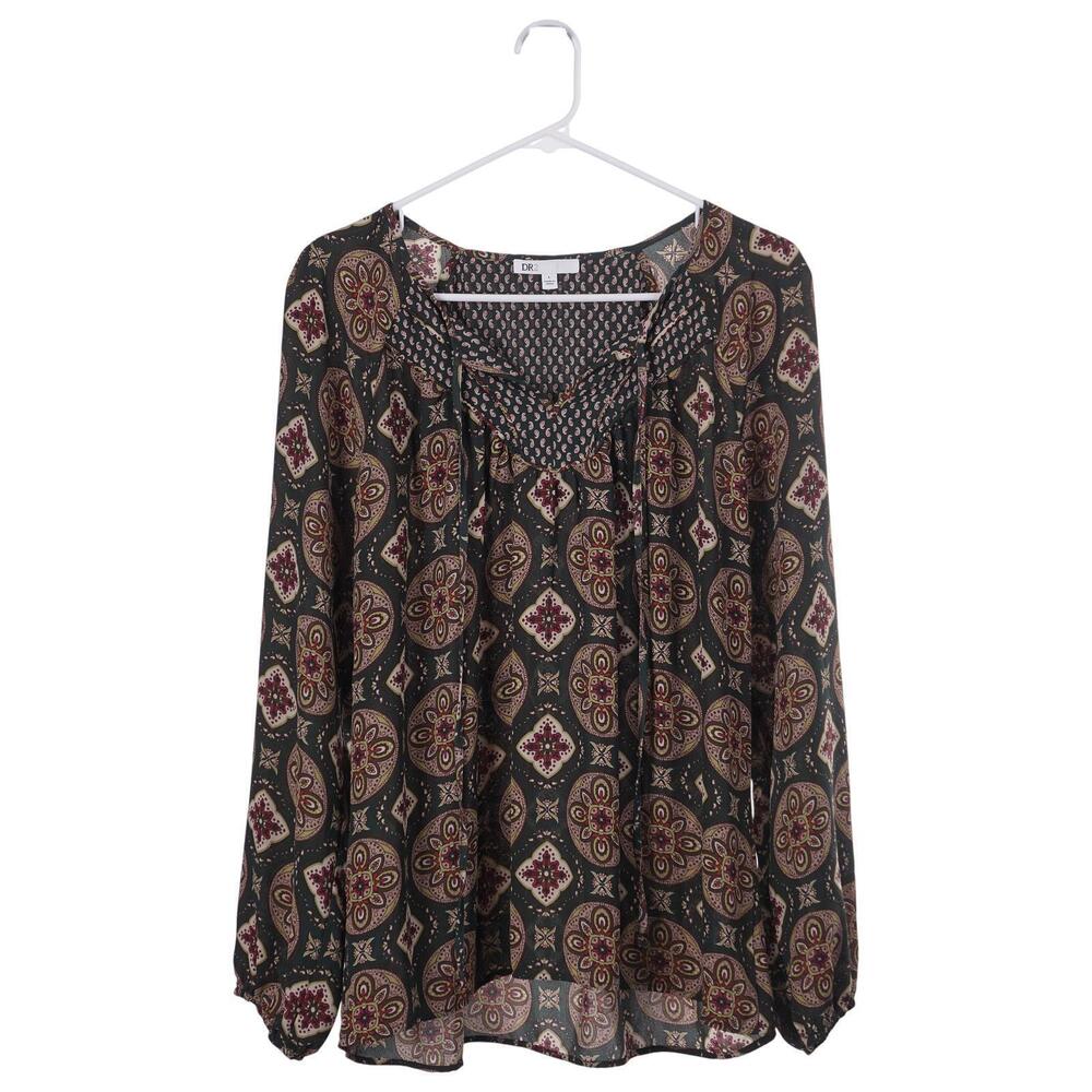Daniel Rainn DR2 Top L Green Medallion Paisley Print Tie-Neck Peasant Casual